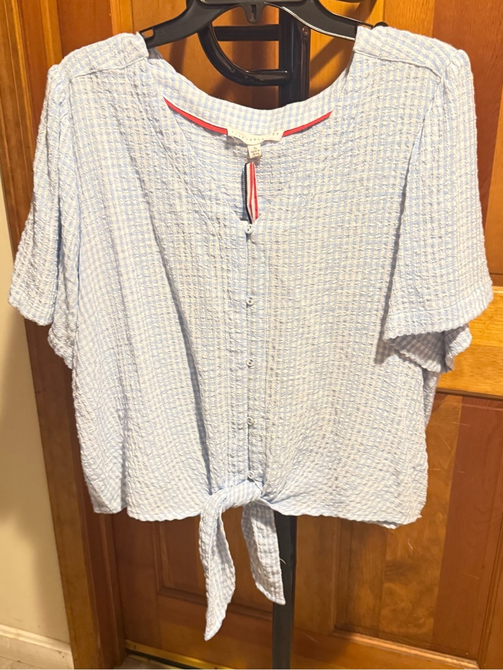 Jane and Delancey Light Blue Textured Tie-Front Blouse